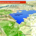 An artist’s conception of the proposed Alkali Creek Dam near Hyattville shows some of the infrastructure needed to complete the project. Wyoming Water Development Office