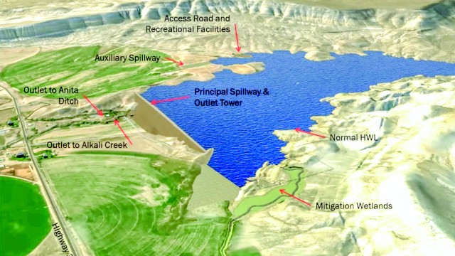 An artist’s conception of the proposed Alkali Creek Dam near Hyattville shows some of the infrastructure needed to complete the project. Wyoming Water Development Office
