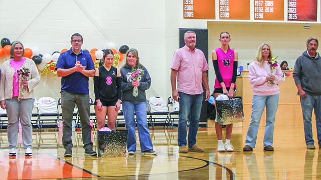 Burlington Girls VB Team Senior NIght. (l-r)  Terry, Hannah and Frana Stanworth, Tony, Kate and Dana Preator, Matt, Sarah and Jackie McNiven, TK, Adison and Cheryl Haslam. Courtesy photo
